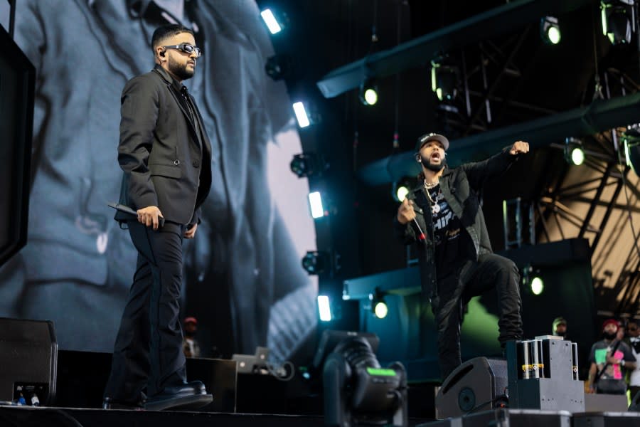 INDIO, CALIFORNIA – APRIL 14: (FOR EDITORIAL USE ONLY) NAV and Metro Boomin perform at the Sahara Stage at the 2024 Coachella Valley Music And Arts Festival weekend 1 day 3 at Empire Polo Club on April 14, 2024 in Indio, California. (Photo by Matt Winkelmeyer/Getty Images for Coachella)