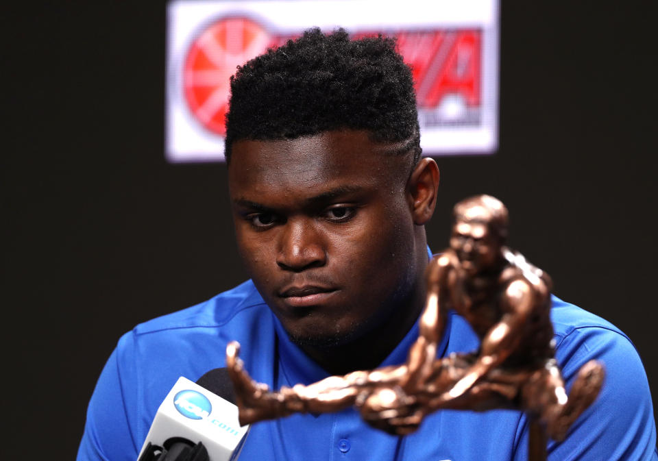 Zion Williamson of Duke speaks during a news conference after being awarded the USBWA Oscar Robertson Trophy Player of the Year prior to the 2019 NCAA Final Four on April 5, 2019. (Photo by Mike Lawrie/Getty Images)