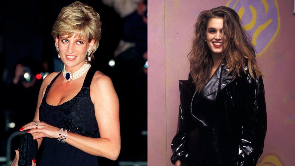 A collage picture of young Princess Diana in a black dress and a young Cindy Crawford in a leather jacket with curly hair