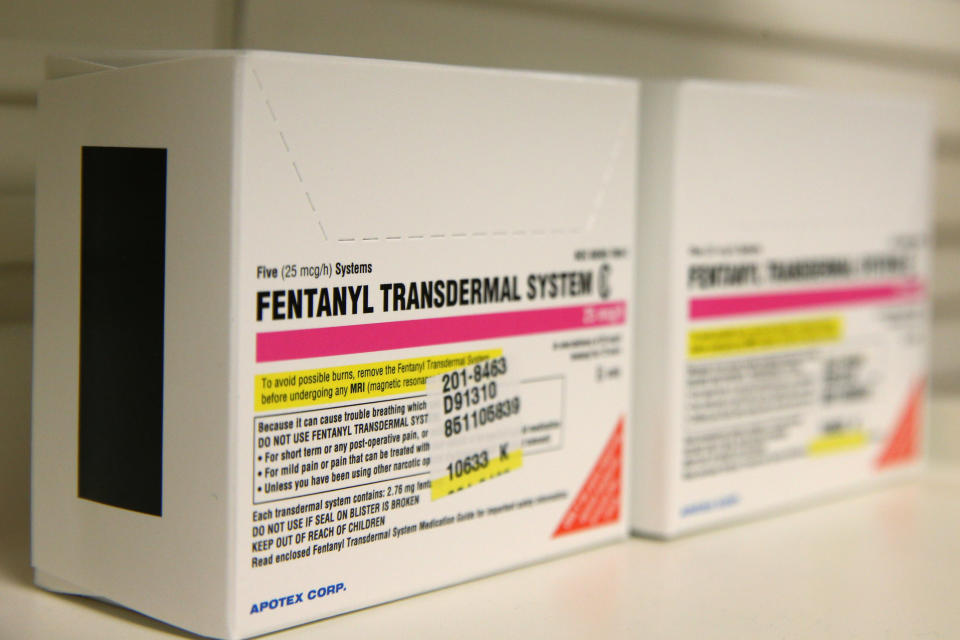 Boxes of Fentanyl Transdermal System made by Apotex Corporation sit on a shelf at a pharmacy, in Provo, Utah on  May 9, 2019. REUTERS/GEORGE FREY