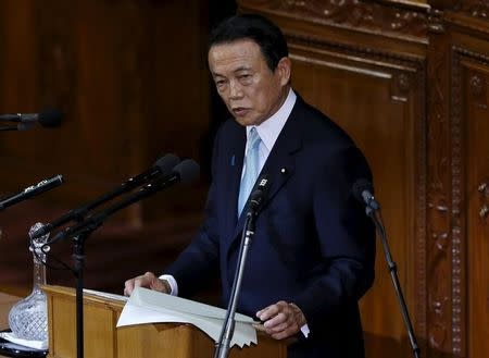 Japan's Finance Minister Taro Aso delivers his policy speech at the lower house of parliament in Tokyo, Japan, January 22, 2016. REUTERS/Toru Hanai