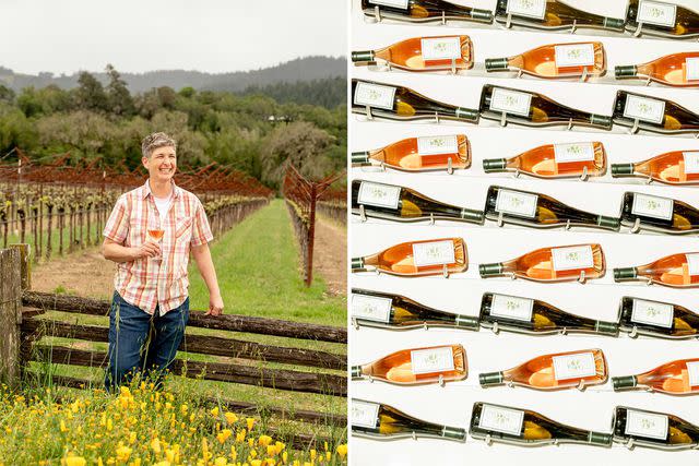 <p>Cayce Clifford</p> From left: Winemaker Sarah Cahn Bennett in front of the Pennyroyal Farm vines, in Mendocino County; Pennyroyal Farm wines on display in the tasting room.