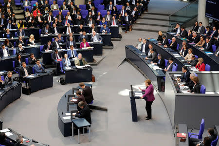 Chancellor Angela Merkel addresses the German lower house of parliament Bundestag in Berlin, Germany, February 22, 2018. REUTERS/Axel Schmidt