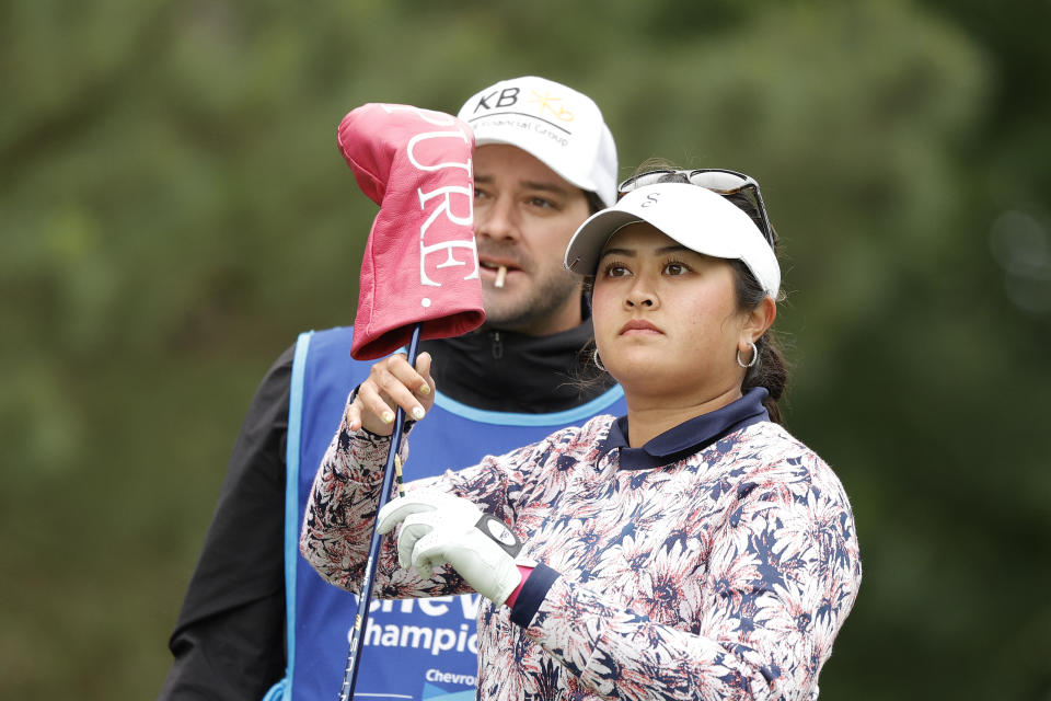 Lilia Vu of the United States and caddie stand on the second tee during the final round of The Chevron Championship at The Club at Carlton Woods on April 23, 2023, in The Woodlands, Texas. (Photo by Carmen Mandato/Getty Images)