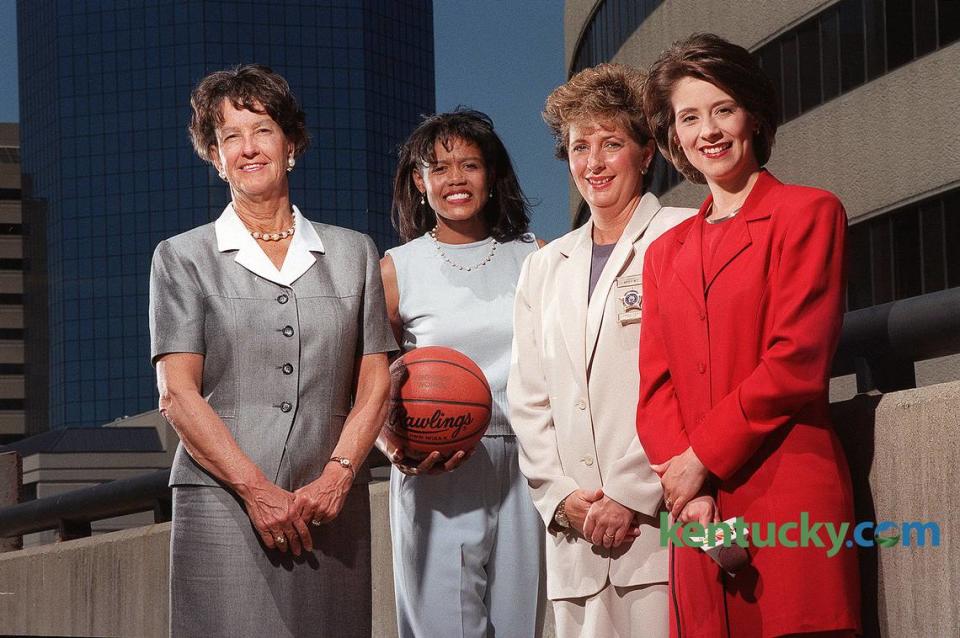 Lexington Mayor Pam Miller, left, UK Women’s Basketball Coach Bernadette Mattox, Fayette County Sheriff Kathy Witt, and WLEX News Anchor Nancy Cox were photographed in Lexington on May 7, 1999, for a story about how high-profile moms juggle their public and private lives.