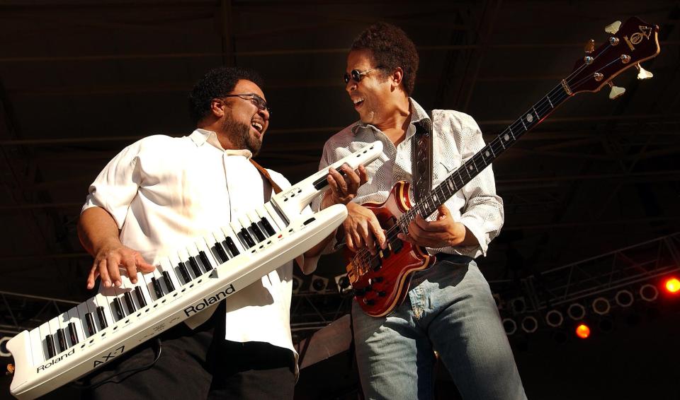 Stanley Clarke is no stranger to the Jacksonville Jazz Festival. Here, he jams on the Metropolitan Park stage in 2005 with George Duke. Clarke plays Friday at Met Park.