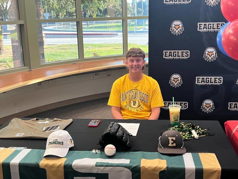 Enochs High baseball player Kannon Sharpe signed to play Division I baseball at the University of San Francisco on Wednesday, Nov. 8, 2023.