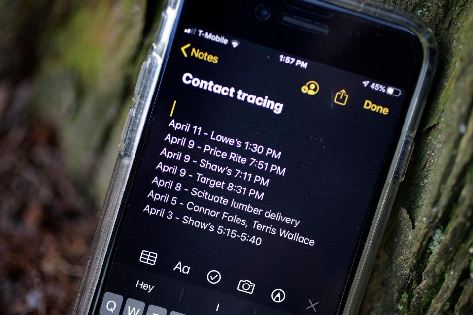 A smartphone belonging to Drew Grande, 40, of Cranston, R.I., shows notes he made for contact tracing Wednesday, April 15, 2020.