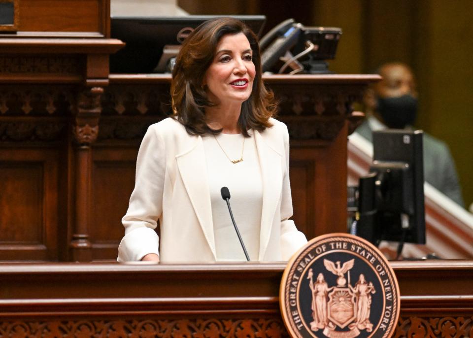 New York Gov. Kathy Hochul delivers her first State of the State address in the Assembly Chamber at the state Capitol, Wednesday, Jan. 5, 2022, in Albany, N.Y. (AP Photo/Hans Pennink, Pool)