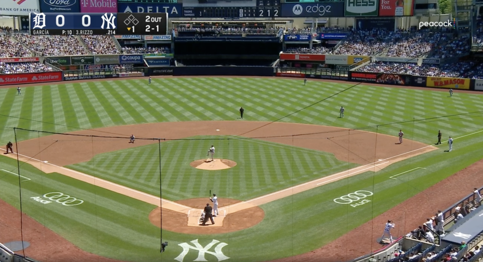 The Tigers played a four-man outfield, with the second baseman positioned in shallow right field, against Yankees first baseman Anthony Rizzo. The alignment will be banned in 2023. (Image courtesy Baseball Savant)