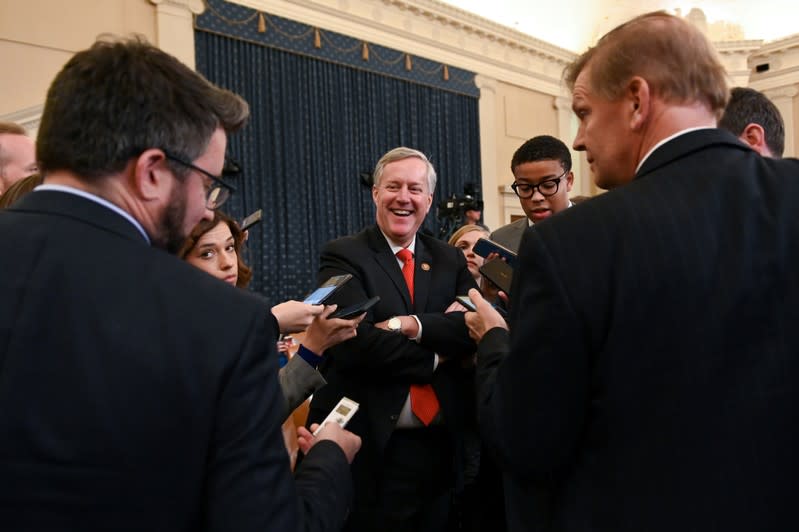 Rep. Meadows speaks to reporters after a House Intelligence Committee impeachment inquiry hearing on Capitol Hill in Washington