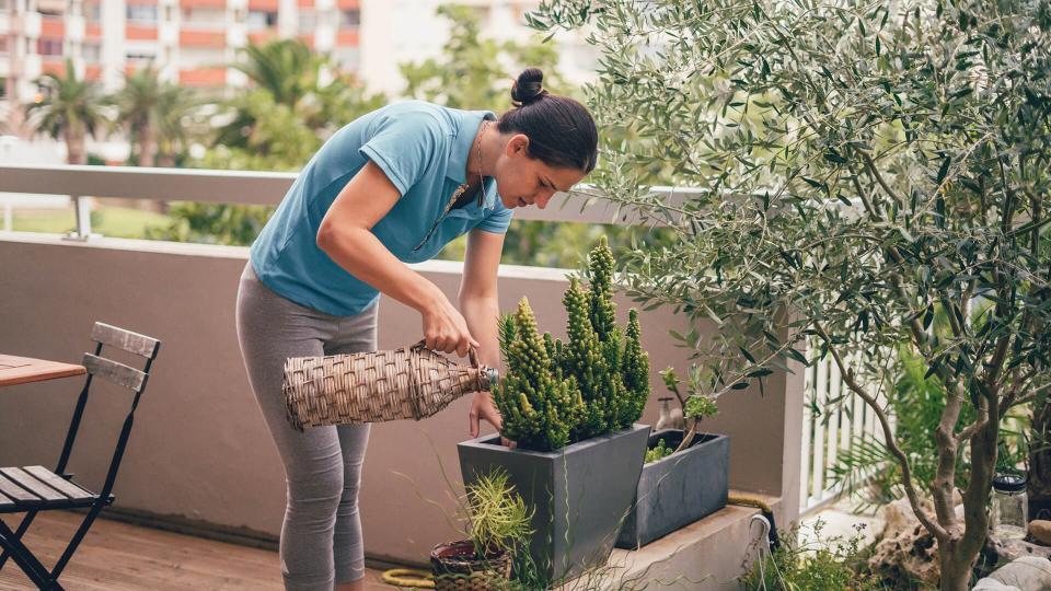 Young woman watering plants at home garden on the balcony.