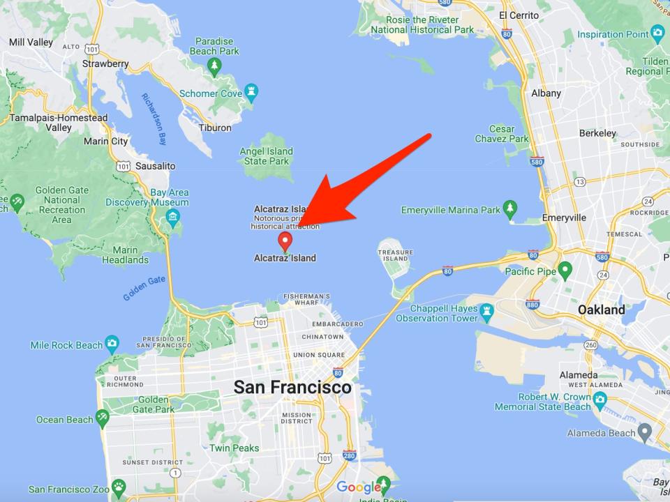 The location of Alcatraz Island off the coast of San Francisco.