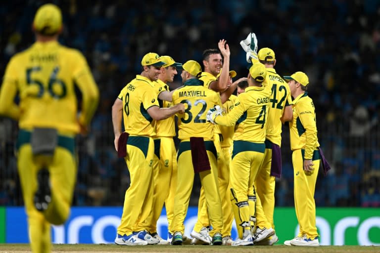 Early breakthroughs: Australia's Josh Hazlewood celebrates after taking the wicket of India's Shreyas Iyer (Punit PARANJPE)