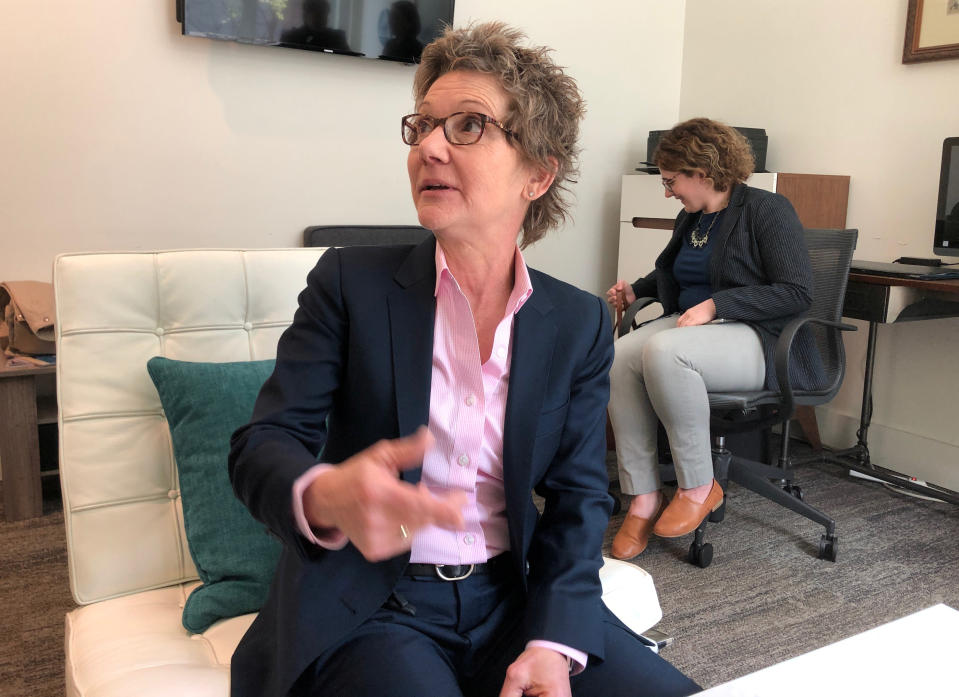 San Francisco Federal Reserve President Mary Daly speaks with reporters after a speech at the Commonwealth Club in San Franciso, California, U.S., March 26, 2019.  REUTERS/Ann Saphir