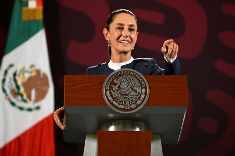 La présidente élue du Mexique Claudia Sheinbaum s'adresse aux journalistes lors de sa première conférence de presse depuis l'élection du 2 juin. L'ex-maire de Mexico, qui prendra ses fonctions le 1er octobre, a promis une "large" discussion sur le thème de la réforme judiciaire. (Alfredo ESTRELLA)