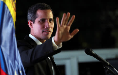 Venezuelan opposition leader Juan Guaido, who many nations have recognized as the country's rightful interim ruler, speaks during a meeting regarding the condition of the water and electricity systems in Caracas, Venezuela, Venezuela, March 28, 2019. REUTERS/Manaure Quintero