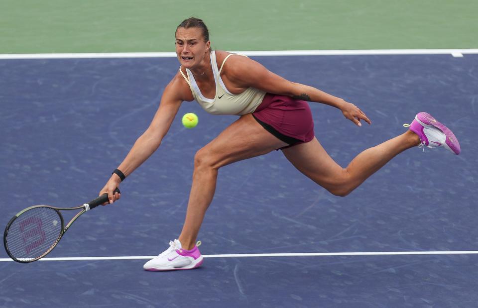 Aryna Sabalenka hits a shot while playing Evgeniya Rodina during the BNP Paribas Open in Indian Wells, Calif., March 10, 2023. 