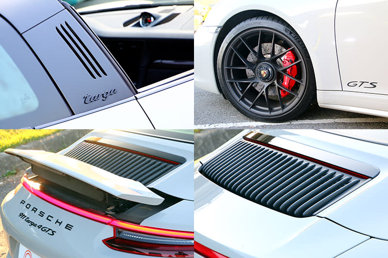 厚實的防滾桿、20吋單一鎖孔鋁圈、黑色處理車型銘牌與染色尾燈都是GTS專屬特色，而991.1與991.2世代間最容易辨別的外觀差異，就是991.2的後引擎蓋散熱孔改為直列設計。