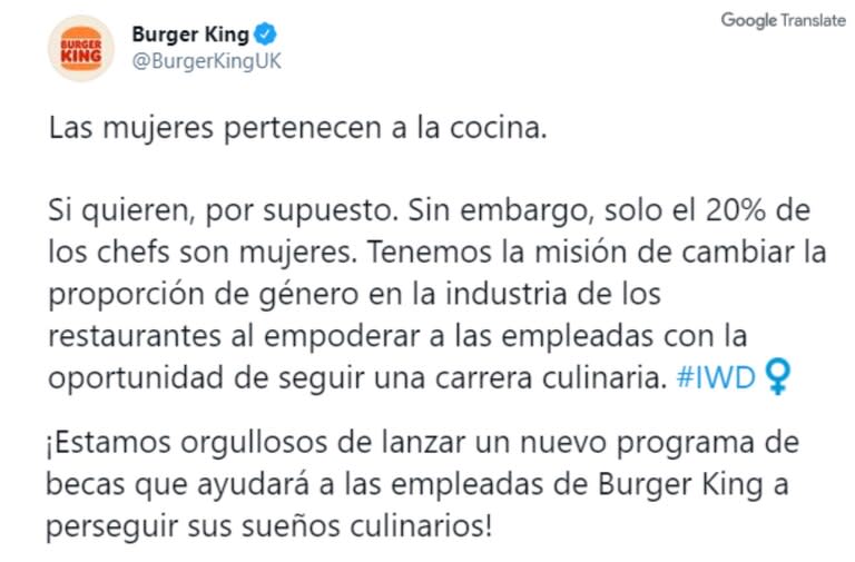 Polémica campaña de la sucursal británica de Burger King en el Día Internacional de la Mujer (Twitter)