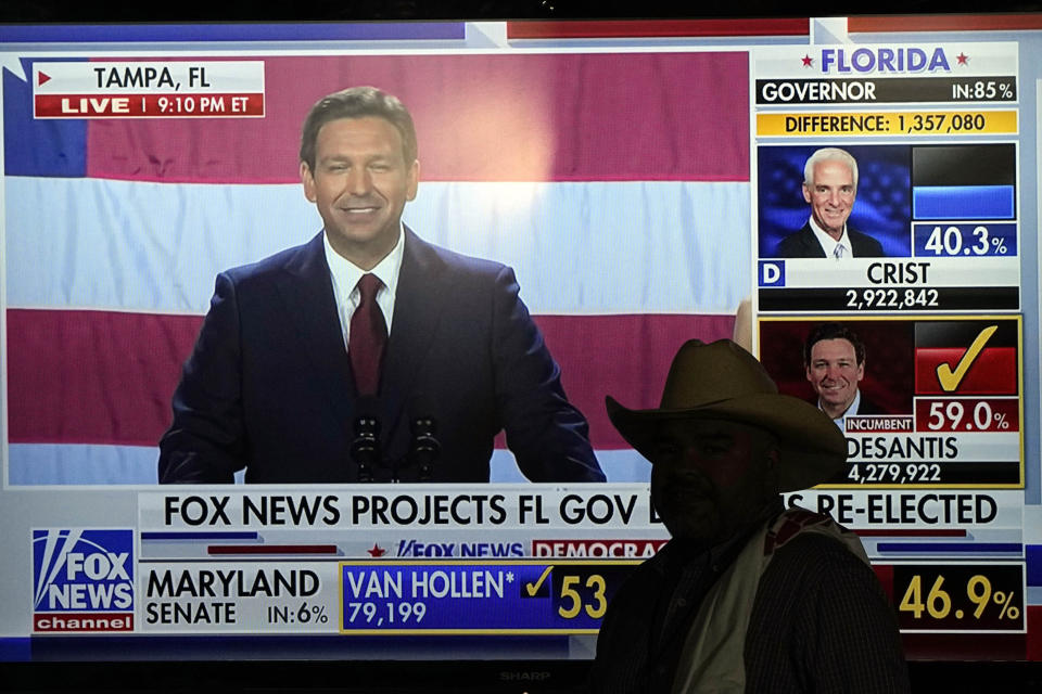 A man walks past a television screen as election results are shown at an election party for Texas Gov. Greg Abbott Tuesday, Nov. 8, 2022, in McAllen, Texas. (AP Photo/David J. Phillip)