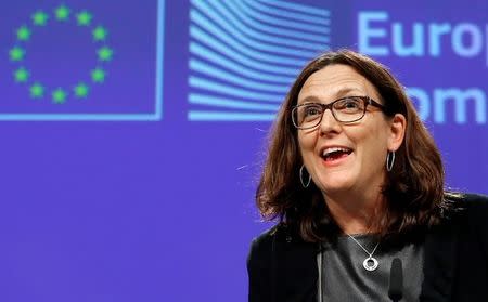 European Trade Commissioner Cecilia Malmstrom holds a news conference on Commission's proposal for a new methodology for anti-dumping investigations, at the EU Commission headquarters in Brussels, Belgium November 9, 2016. REUTERS/Yves Herman