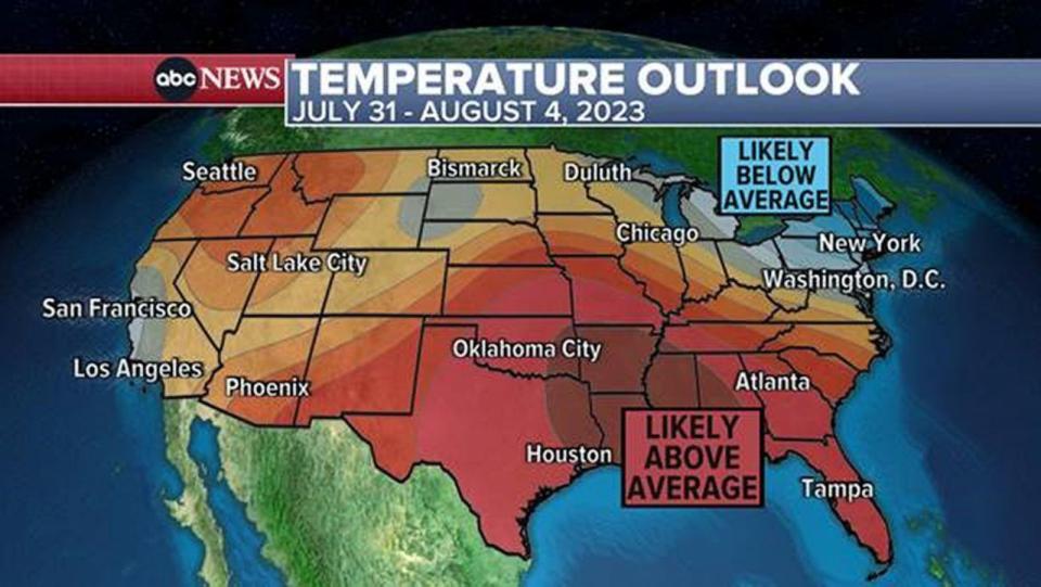 PHOTO: A map shows the forecasted temperature outlook for the United States during July 31-Aug. 4, 2023. (ABC News)