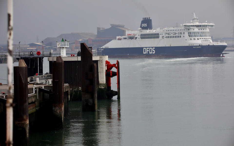 A cross-channel ferry leaves the Port of Dunkerque, France, Friday Aug.14, 2020. British holiday makers in France were mulling whether to return home early Friday to avoid having to self-isolate for 14 days following the U.K. government's decision to reimpose quarantine restrictions on France amid a recent pick-up in coronavirus infections. (AP Photo/Olivier Matthys)