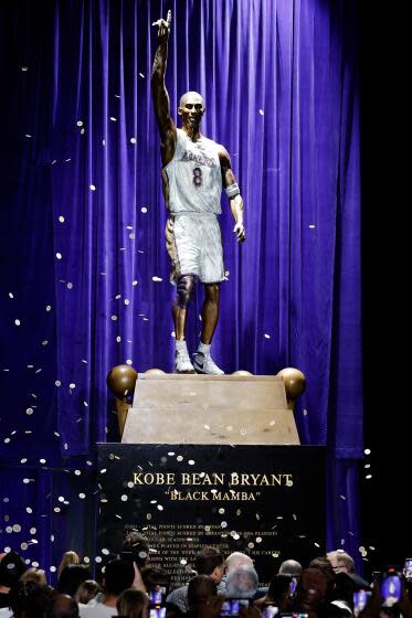 LOS ANGELES, CA - FEBRUARY 08: The Los Angeles Lakers unveil a statue honoring the late Kobe Bryant.