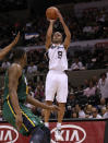 SAN ANTONIO, TX - MAY 02: Tony Parker #9 of the San Antonio Spurs takes a shot against the Utah Jazz in Game Two of the Western Conference Quarterfinals of the 2012 NBA Playoffs at AT&T Center on May 2, 2012 in San Antonio, Texas. NOTE TO USER: User expressly acknowledges and agrees that, by downloading and or using this photograph, User is consenting to the terms and conditions of the Getty Images License Agreement. (Photo by Ronald Martinez/Getty Images)