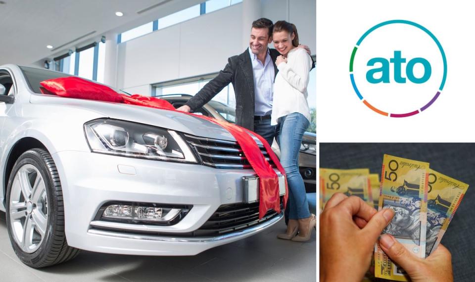 Compilation image of couple standing next to a new car with a big row bow on it, the ATO symbol and hand counting out $50 notes