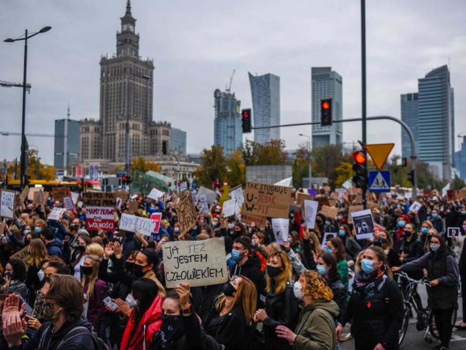 People take part in a strike in Warsaw, Poland, against the tightening of abortion lawsOmar Marques/Getty Images