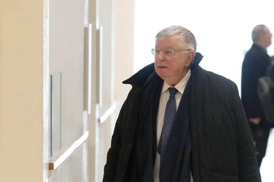 Former France Telecom Chief Executive Didier Lombard arrives at Paris' courthouse, Monday, May 6, 2019. French telecom giant Orange and seven former or current managers are going on trial accused of moral harassment over a wave of employee suicides a decade ago. (AP Photo/Thibault Camus)