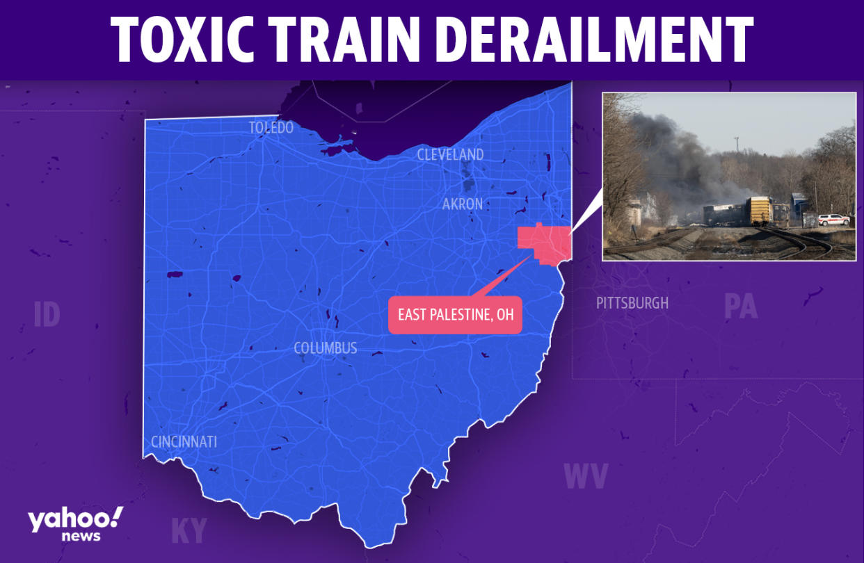 Map of the East Palestine, Ohio, train derailment. (Yahoo News)