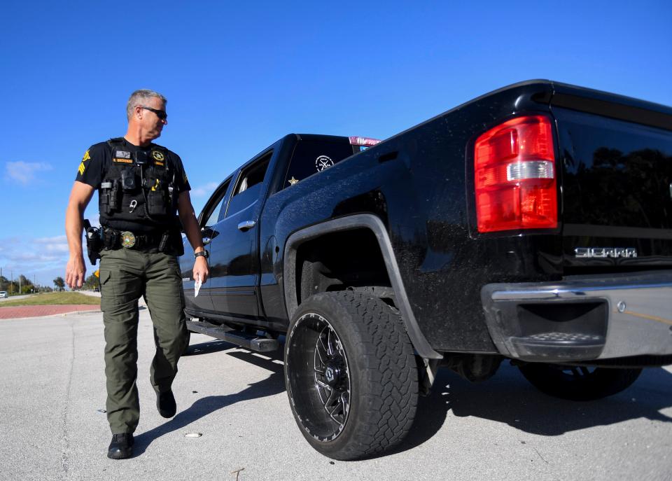 Doug MacKenzie, a sergeant with the Indian River County Sheriff's Office, patrols 66th Avenue, pulling over motorists exceeding the speed limit, February 6, 2024.