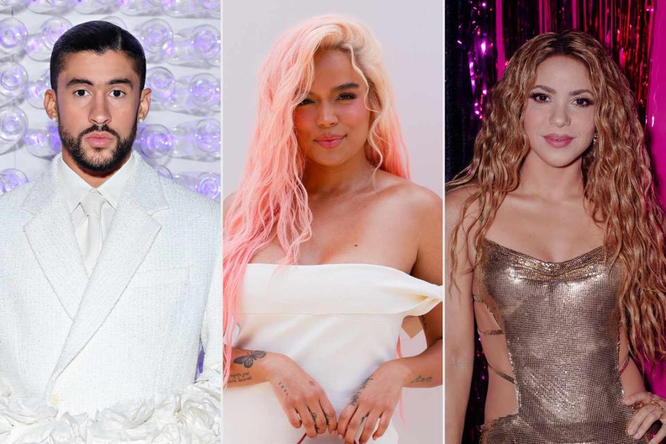 <p>Cindy Ord/MG23/Getty, Pierre Suu/WireImage, Catherine Powell/Getty</p> Bad Bunny, Karol G and Shakira