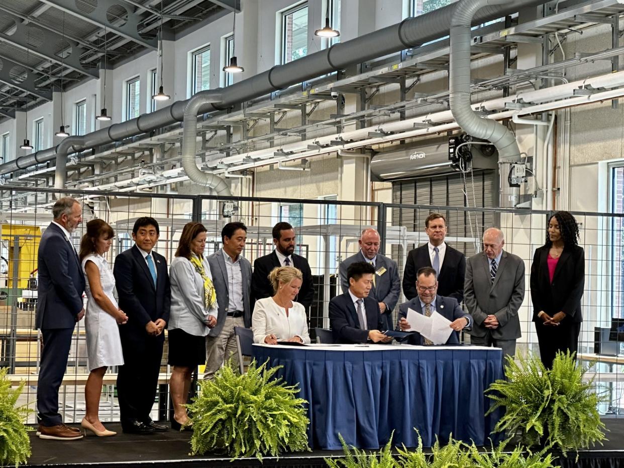Officials from Georgia Southern, Hyundai and Ogeechee Technical College celebrate the memorandum of understanding between the three parties to address workforce needs in the region.