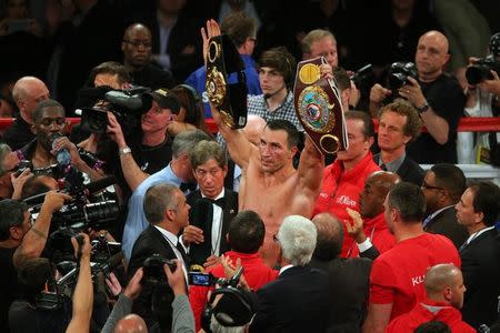 Apr 25, 2015; New York, NY, USA; Wladimir Klitschko reacts after defeating Bryant Jennings (not pictured) during their world championship heavyweight boxing fight at Madison Square Garden. Mandatory Credit: Brad Penner-USA TODAY Sports