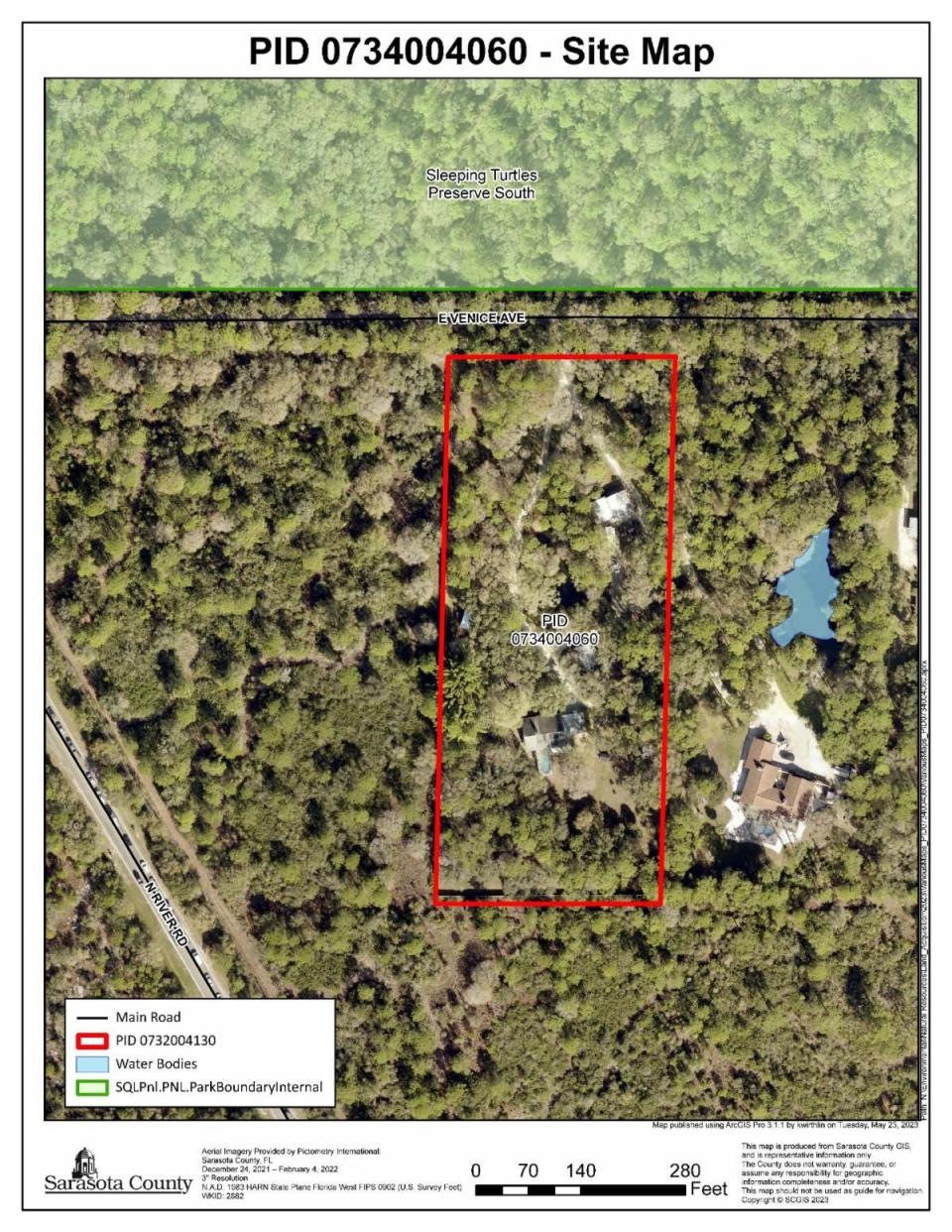 This map shows a five-acre site that purchased by Sarasota County from the Rebecca Lee Morgan Revocable Living Trust.