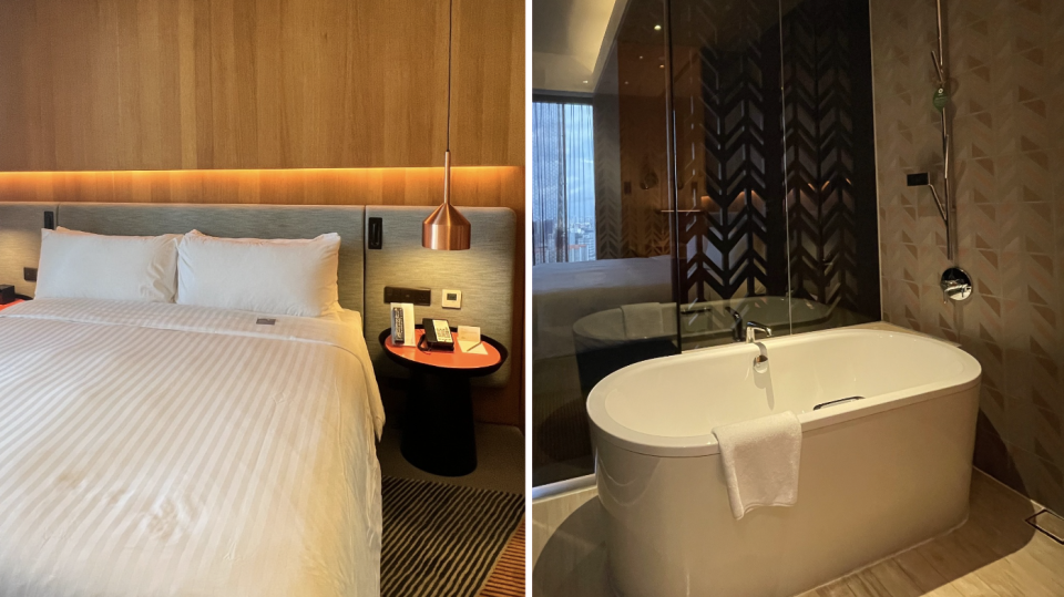 L: Warm and gentle lights and decor for a good night's sleep R: Reduced privacy due to glass panels of wall toilets. (Photo: Stephanie Zheng)