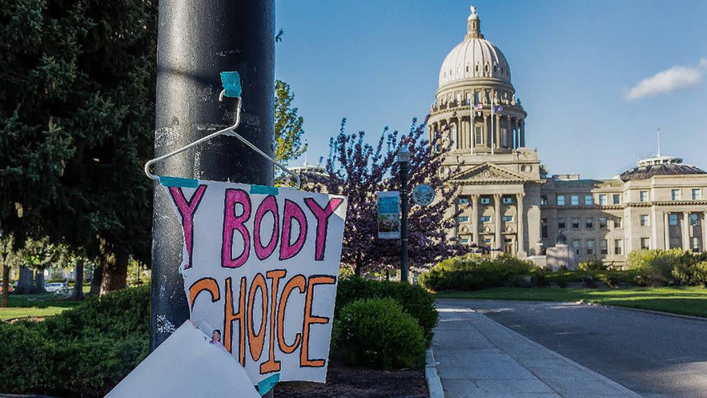  A sign taped to a hanger hangs near the Idaho Capitol in Boise after protests against the state's new abortion laws. 