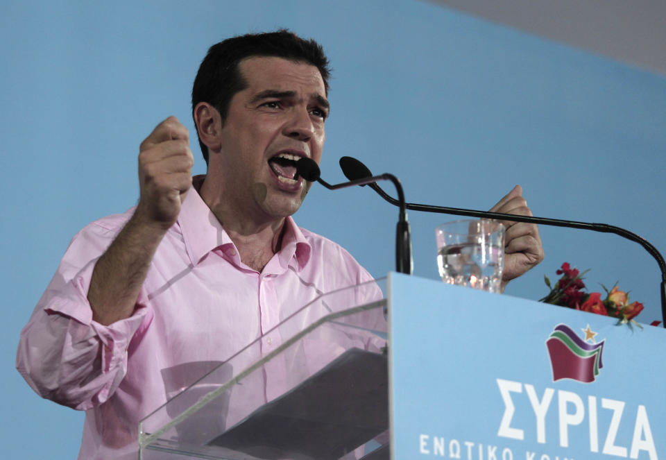 Head of Greece's radical left-wing Syriza party Alexis Tsipras speaks to his supporters during a rally at Aristotelous square in Thessaloniki, Friday, June 15, 2012. Greece faces crucial national elections on Sunday, that could ultimately determine whether the debt-saddled, recession bound country remains in the eurozone. (AP Photo/Dimitri Messinis)