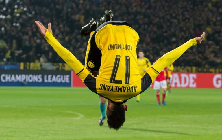 Dortmund's Pierre-Emerick Aubameyang celebrates after scoring a goal during their UEFA Champions League round of 16, 2nd-leg match against Benfica, in Dortmund, on March 8, 2017