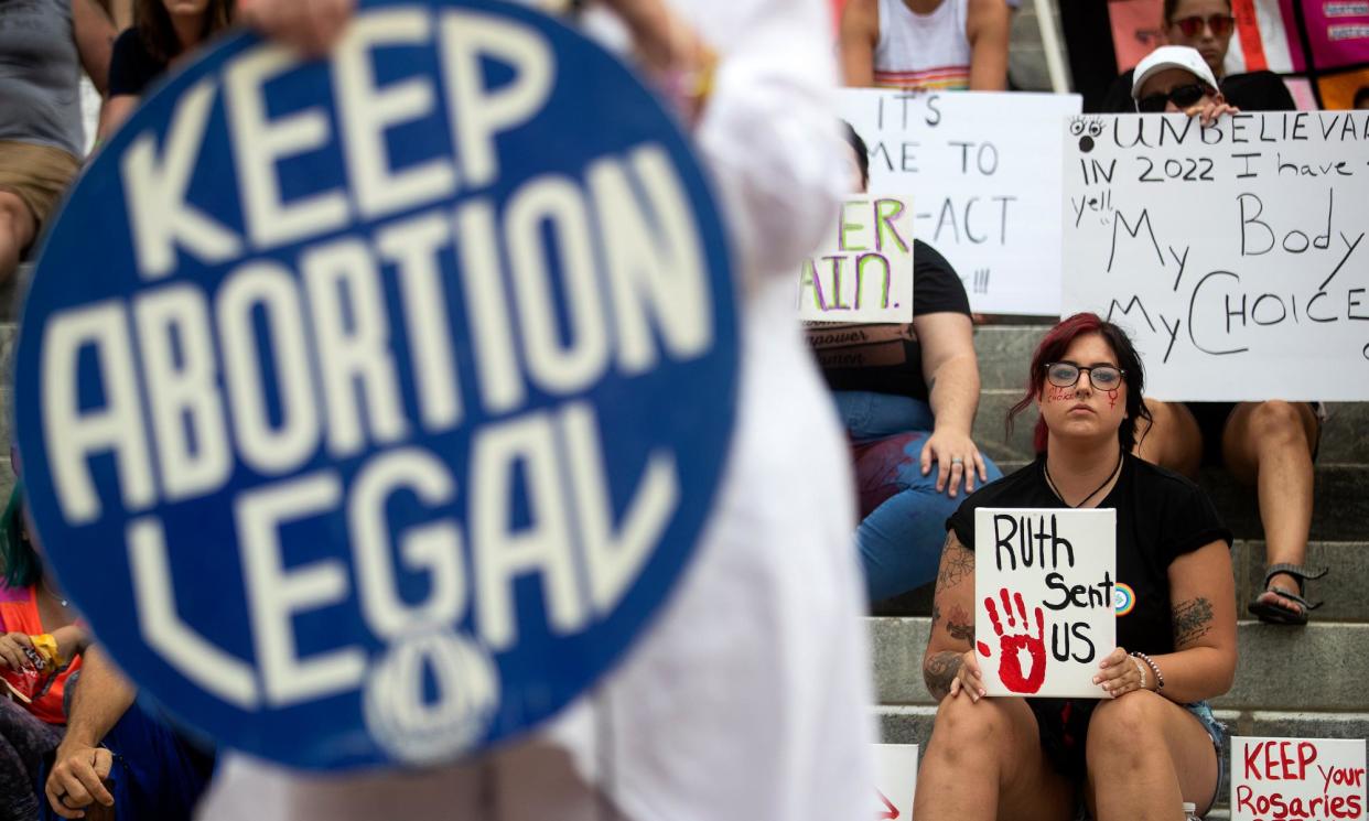 <span>Protesters at a rally protesting the supreme court’s overturning of Roe v Wade outside the Florida historic capitol in Tallahassee, Florida, on 24 June 2022.</span><span>Photograph: Chasity Maynard/AP</span>