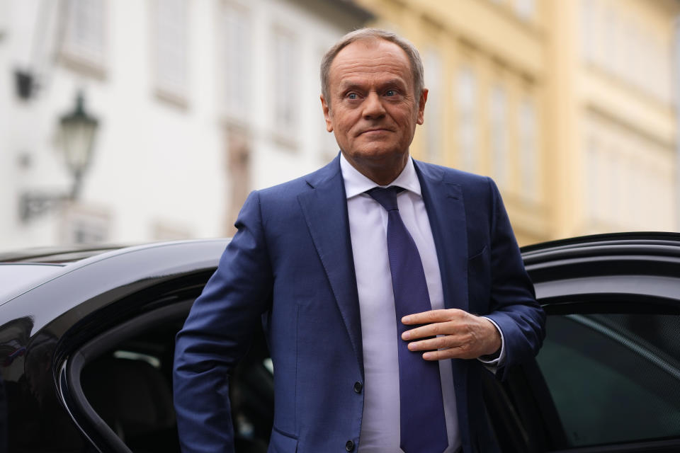 Poland's Prime Minister Donald Tusk arrives at the V4 meeting in Prague, Czech Republic, Tuesday, Feb. 27, 2024. (AP Photo/Petr David Josek)