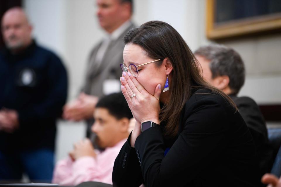 Defense attorney Georgia Sims reacts to Devaunte Hill's verdict of guilty of second-degree murder of Caitlyn Kaufman at Justice A.A. Birch Building  in Nashville, Tenn., Tuesday, Jan. 31, 2023.