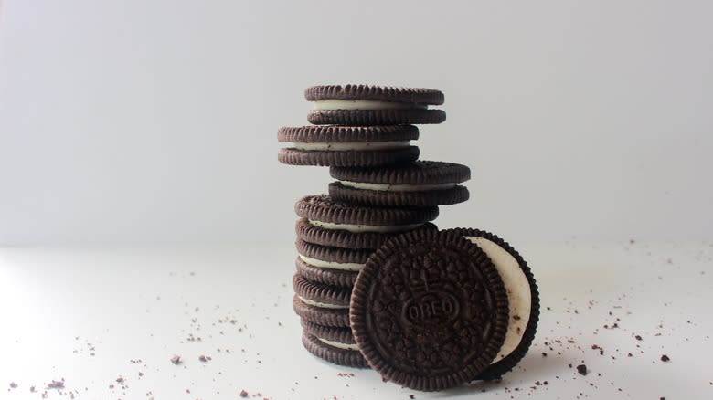 Stack of Oreos on white background