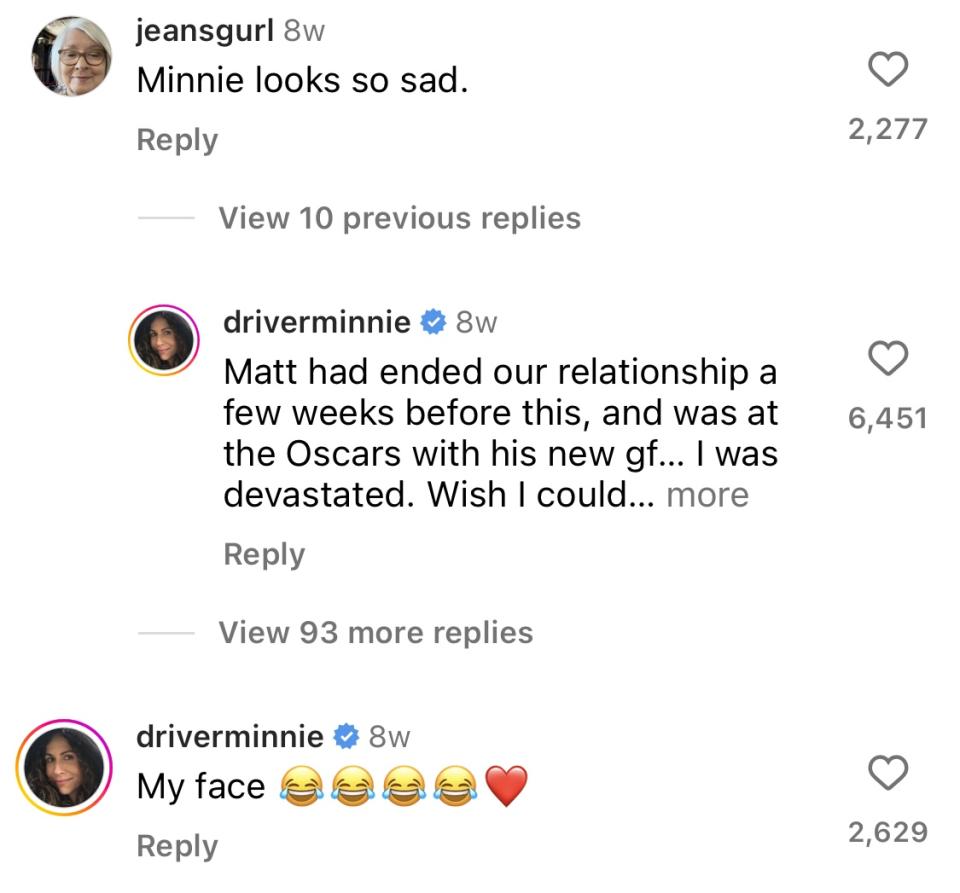 Comentarios de Minnie Driver bajo el clip en Instagram