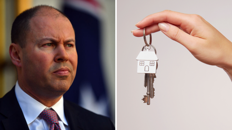 Federal Treasurer Josh Frydenberg appears on the left. He is smirking. On the right, a hand is holding a set of silver house keys with a house charm hanging from it.