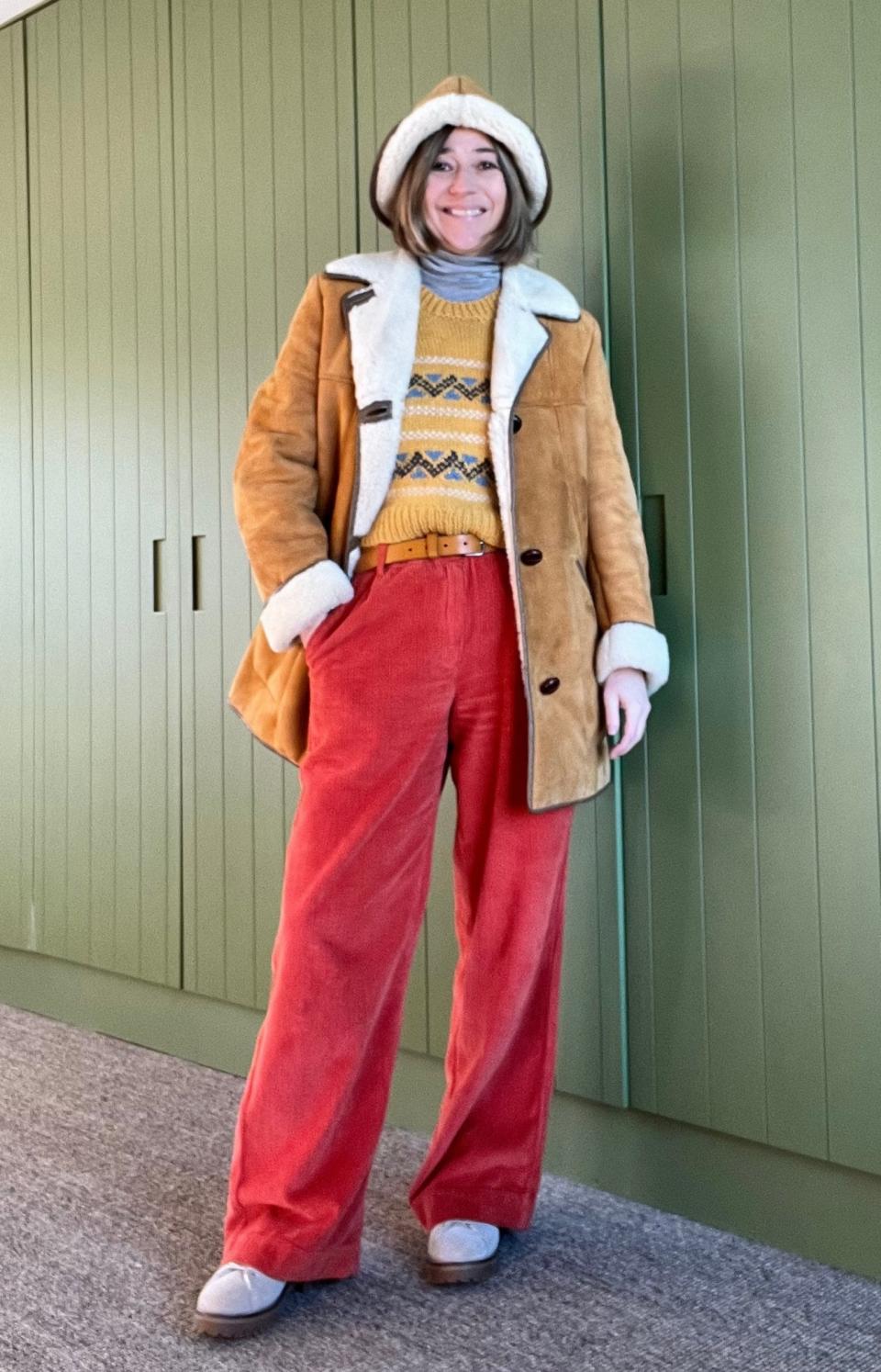 O'Pioneers knitted tank, vintage coat and hat, Folk cords, adidas trainers and roll neck (both very old)